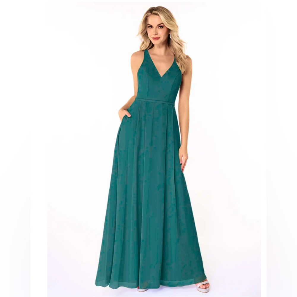 Elegant Peacock Teal Azazie Evening Bridesmaids Gown with Pockets